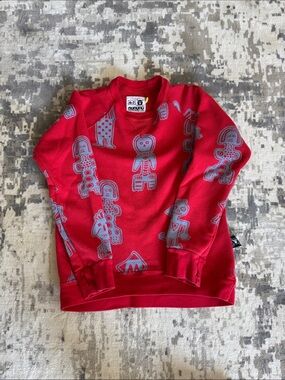 Nununu Red Crewneck Sweatshirt with Light Blue Figures, size 6-7